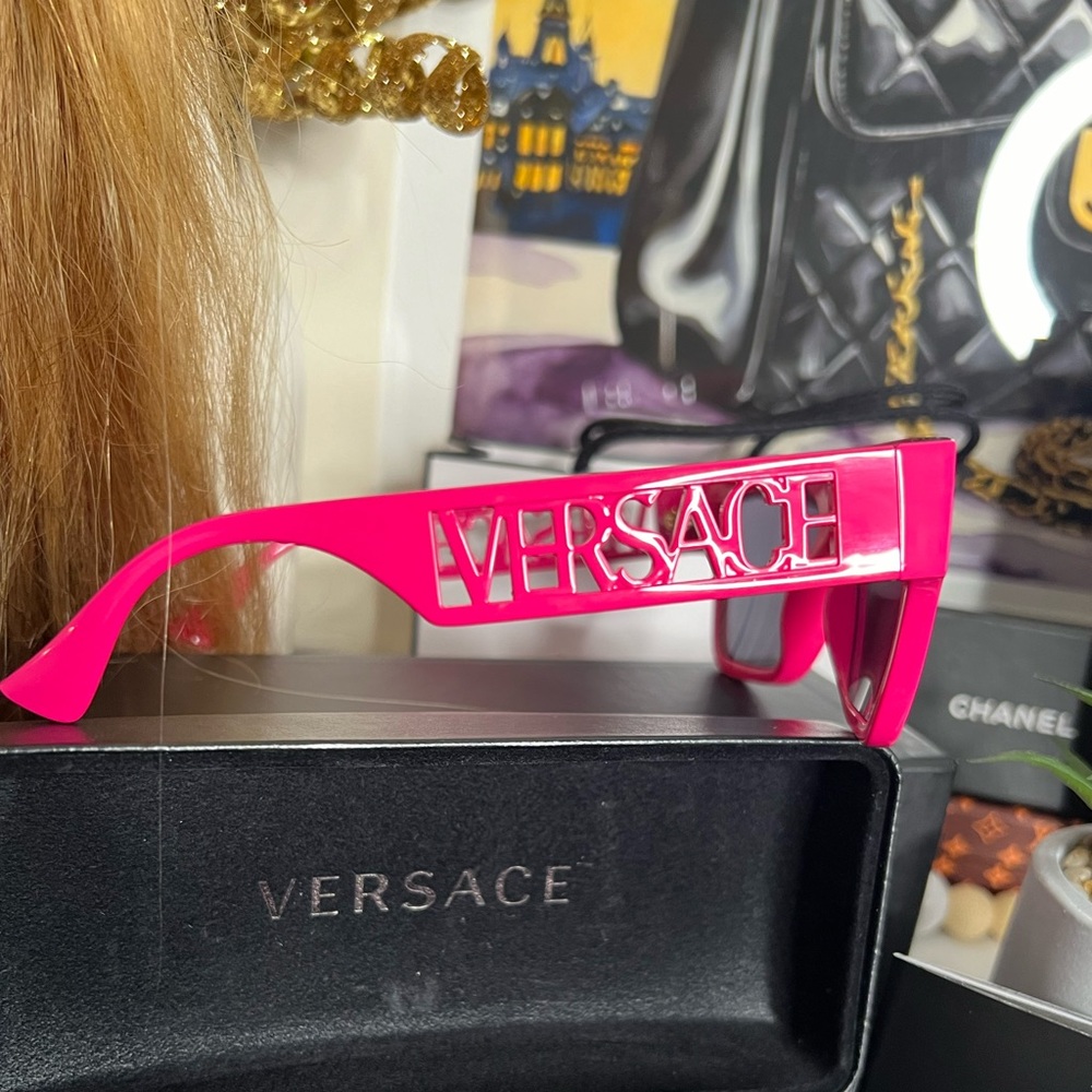Versace Fuscia Plastic Rectangle Sunglasses - image 4